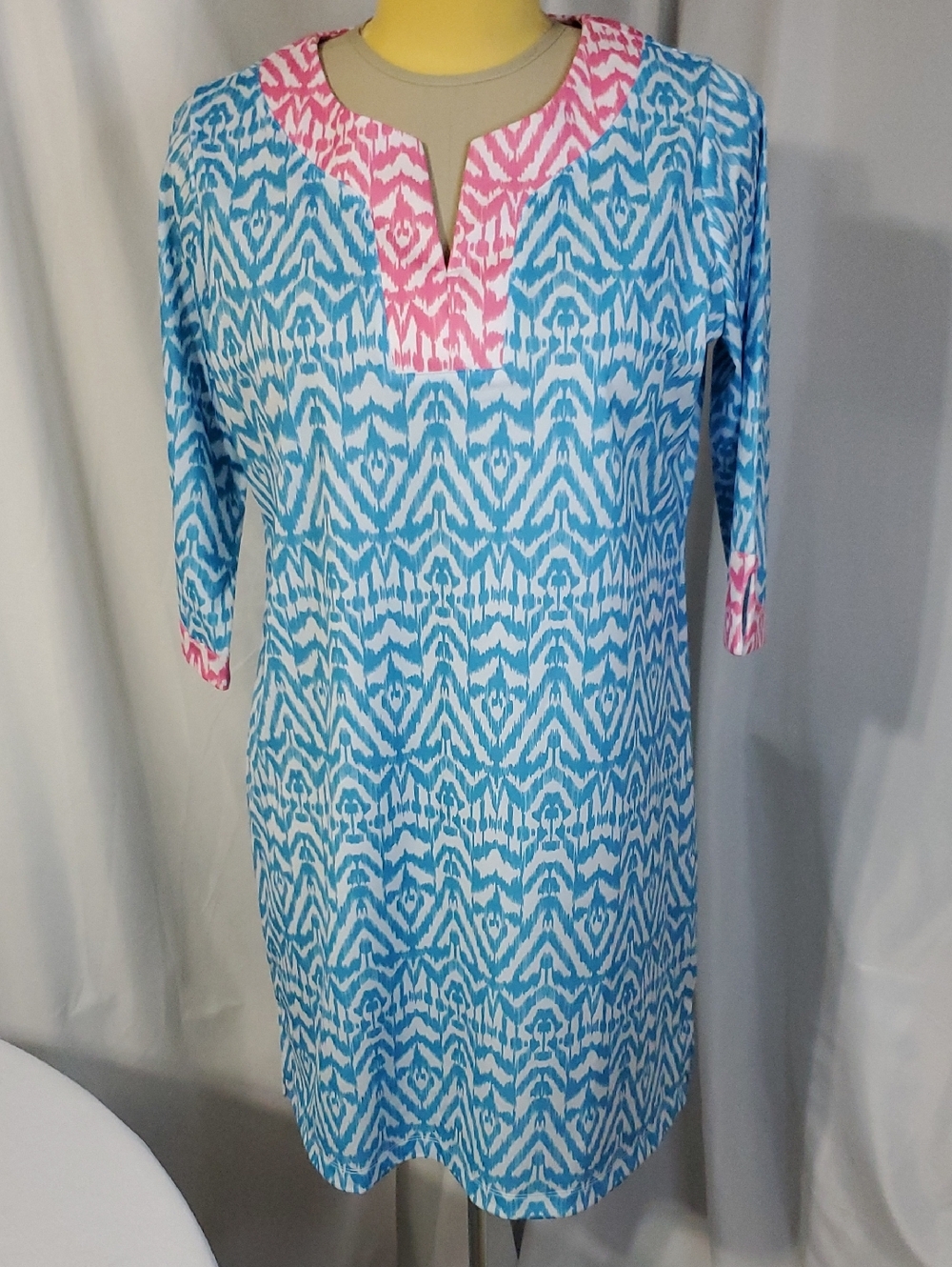 Caribbean Joe NWT Blue/Pink/White Ikat Island Print Tunic Sun Dress SPF 50 Sz XL
